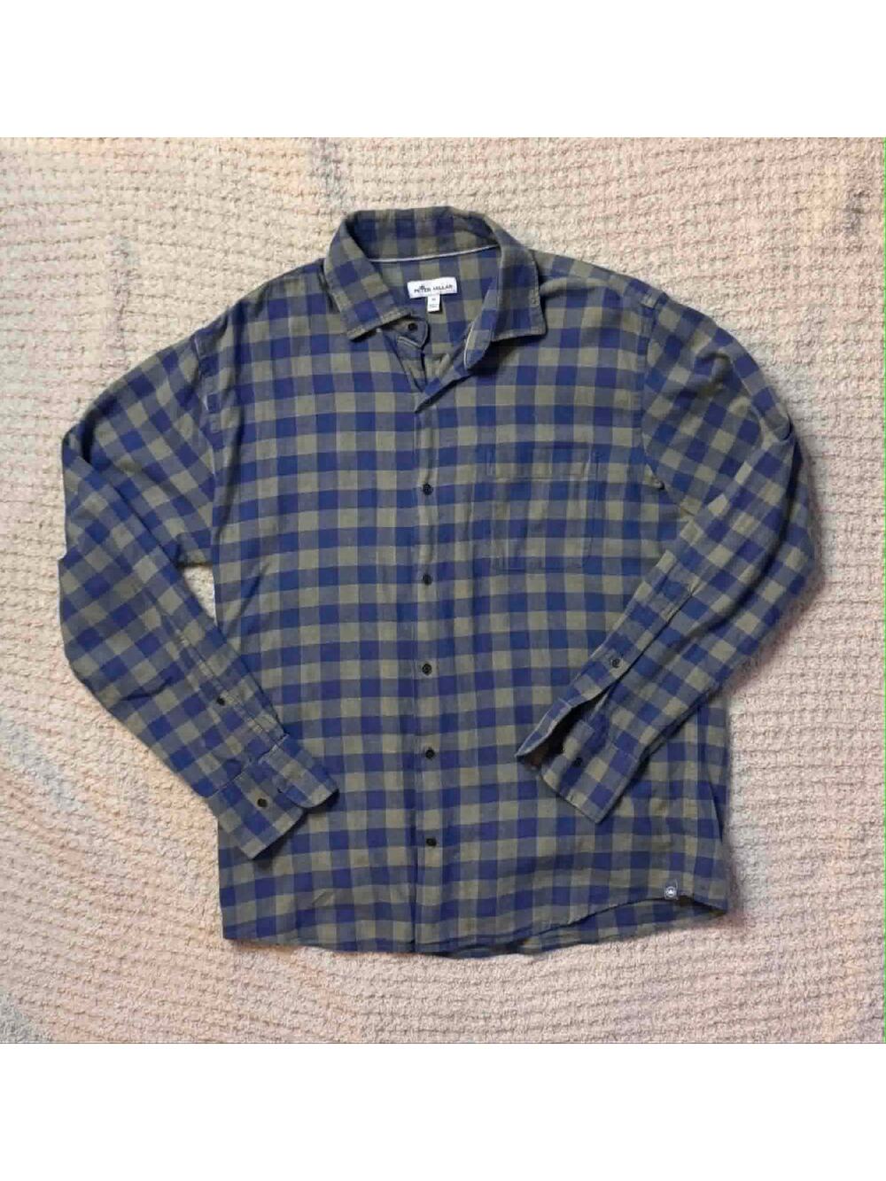 Peter Millar Mens Button Down Shirt Medium Blue Green Plaid Long Sleeve Casual